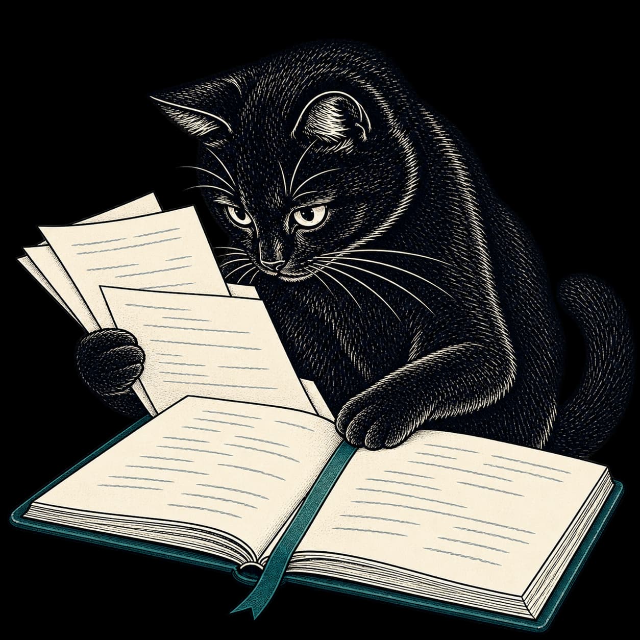 The Black Cat compares loose sheets with an open research notebook. Editorial illustration.