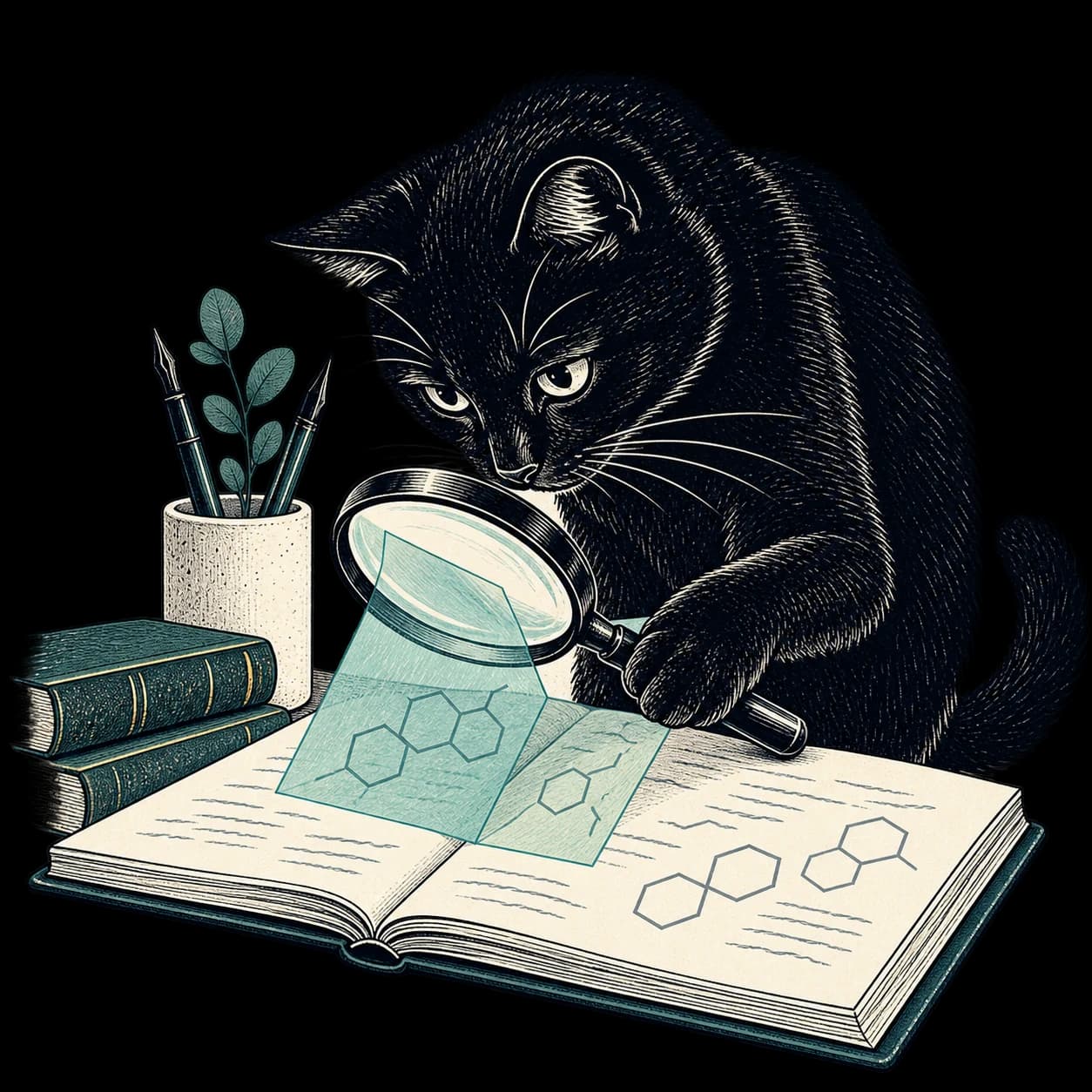 The Black Cat examines an open notebook through a magnifying glass. Editorial illustration.